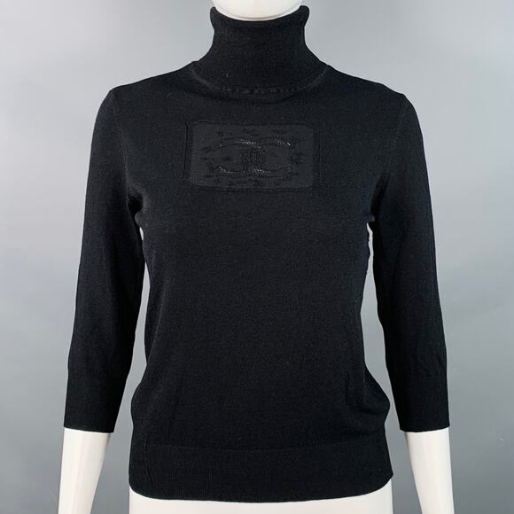 CHANEL Vintage Spring 2003 8 Black Rayon Blend Jersey Logo Turtleneck Casual Top - Picture 1 of 9